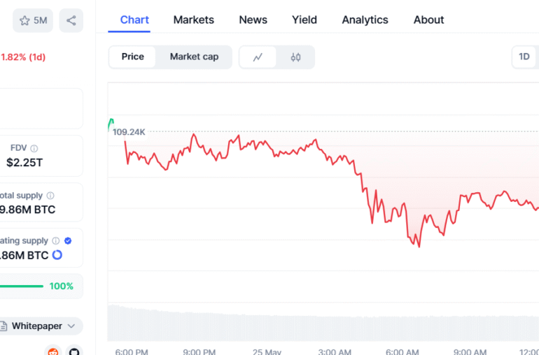Crypto Price Today (25 May, 2025): Bitcoin Price Dips Amid Bullish Outlook: Ethereum, XRP, Solana Drop 3%