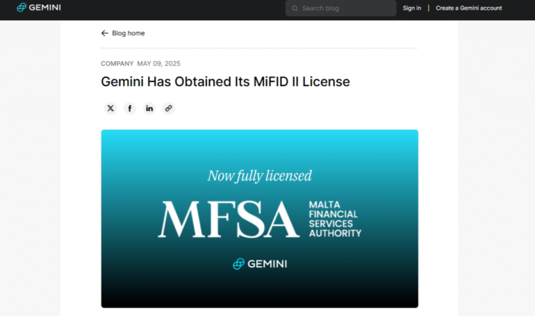 Gemini Bags Malta MiFID License, Eyes EU-Wide Crypto Perps Rollout