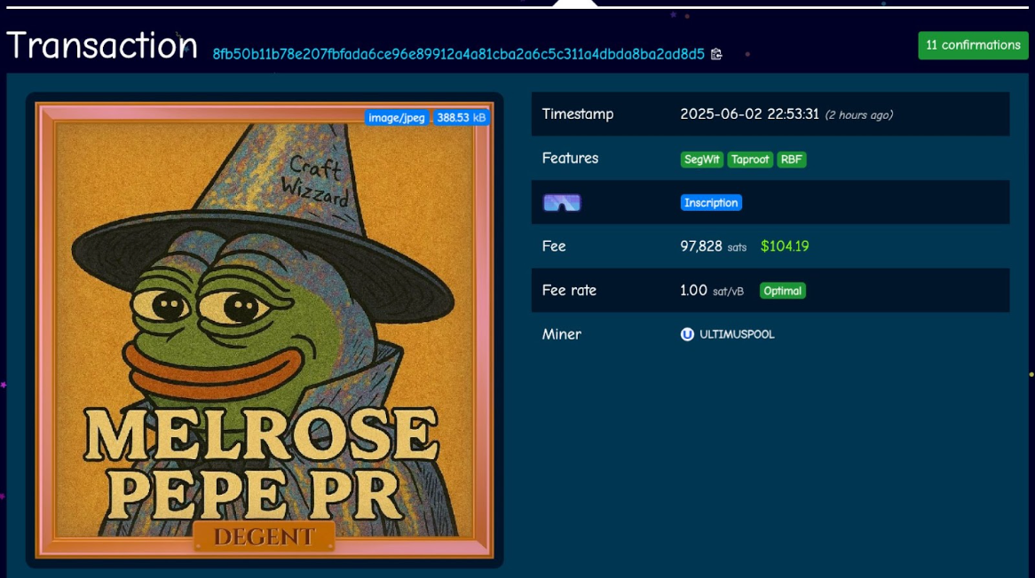 Leading OnChain Comms Agency Melrose PR Joins Decentralized Gentleman’s Club With Rare Pepe Inscription On Bitcoin