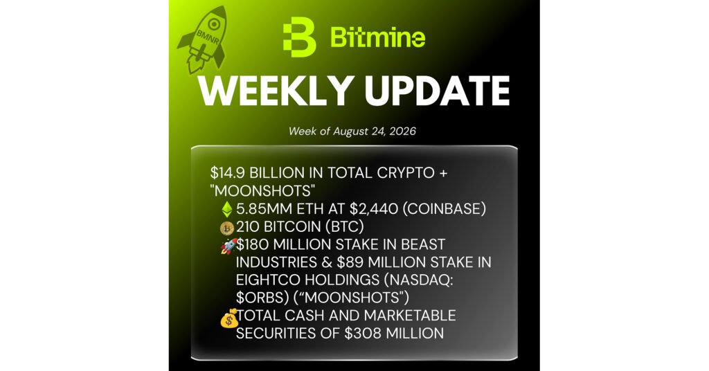 Bitmine Immersion Technologies (BMNR) Announces ETH Holdings Reach 5.85 Million Tokens, and Total Crypto and Total Cash Holdings of $14.9 Billion Bitmine Immersion Technologies (BMNR) Announces ETH Holdings Reach 5.85 Million Tokens, and Total Crypto and Total Cash Holdings of $14.9 Billion
