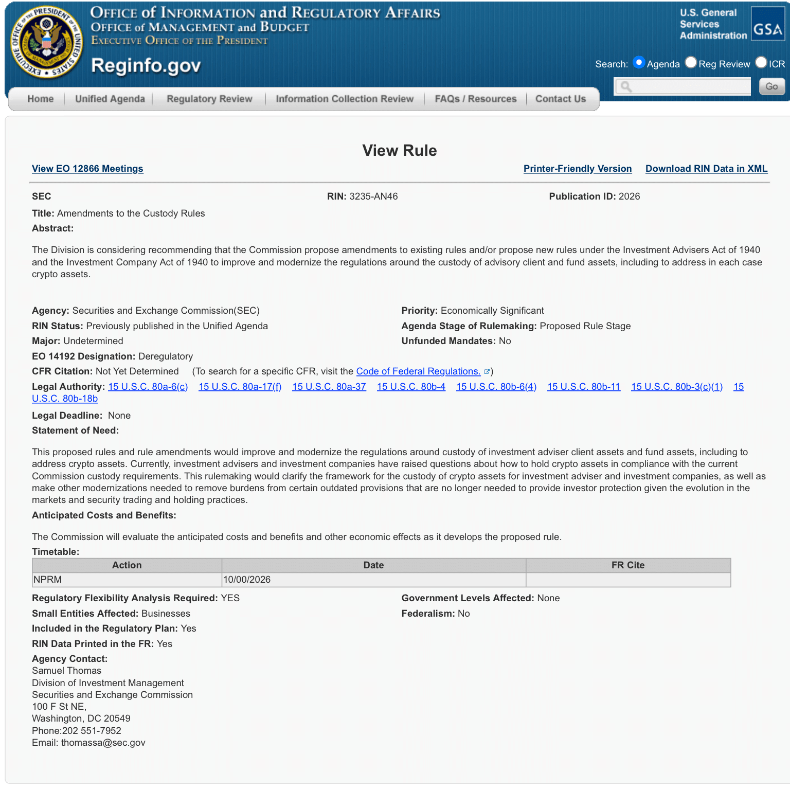 the SEC's reform project titled Amendments to the Custody Rules aims to update the rules of the Investment Advisers Act and the Investment Company Act of 1940.