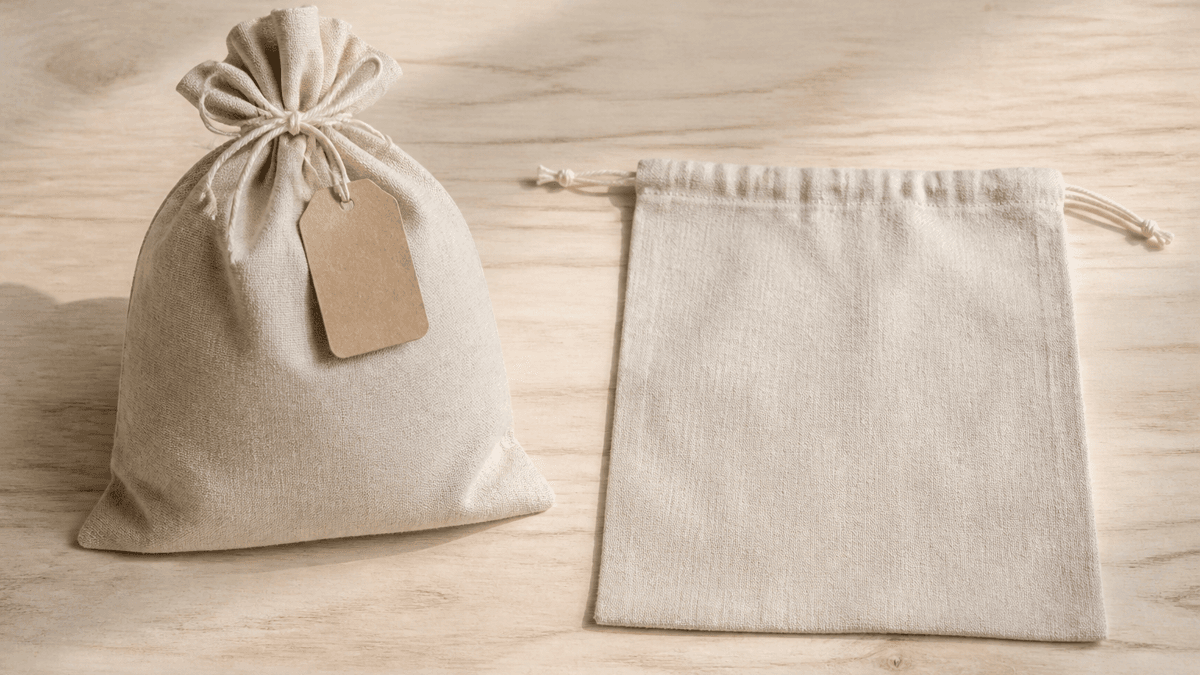Two linen bags on a light wooden board, the left one tied with a string and a blank paper label, the right one open and laid flat beside it