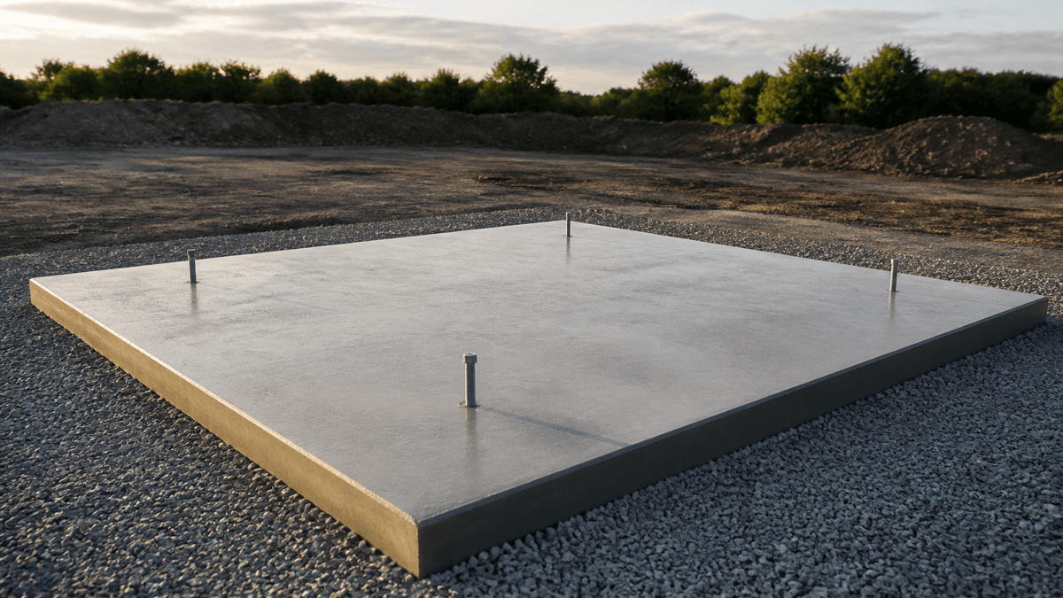 Empty freshly poured concrete foundation slab with four anchor bolts sticking out on a cleared gravel lot