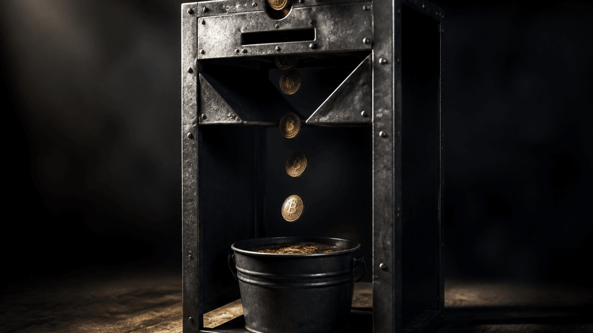 Metal vending machine with a coin slot whose back panel is missing: the coin bearing the Bitcoin symbol falls straight through without reaching a cash box and lands in a bucket on the floor