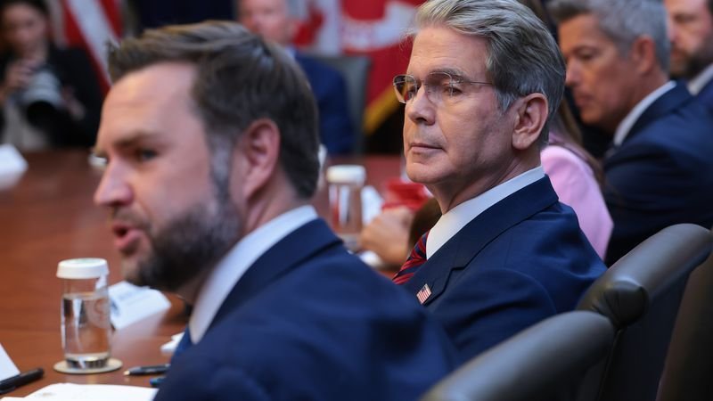 CAMP DAVID, MARYLAND - JULY 31:  Secretary of the Treasury Scott Bessent (R) listens as U.S. Vice President JD Vance (L) speaks during a Cabinet meeting at Camp David, the presidential retreat, on July 31, 2026 in Camp David, Maryland. Trump convened members of his Cabinet at the presidential retreat as the war with Iran continues.  (Photo by Anna Moneymaker/Getty Images)