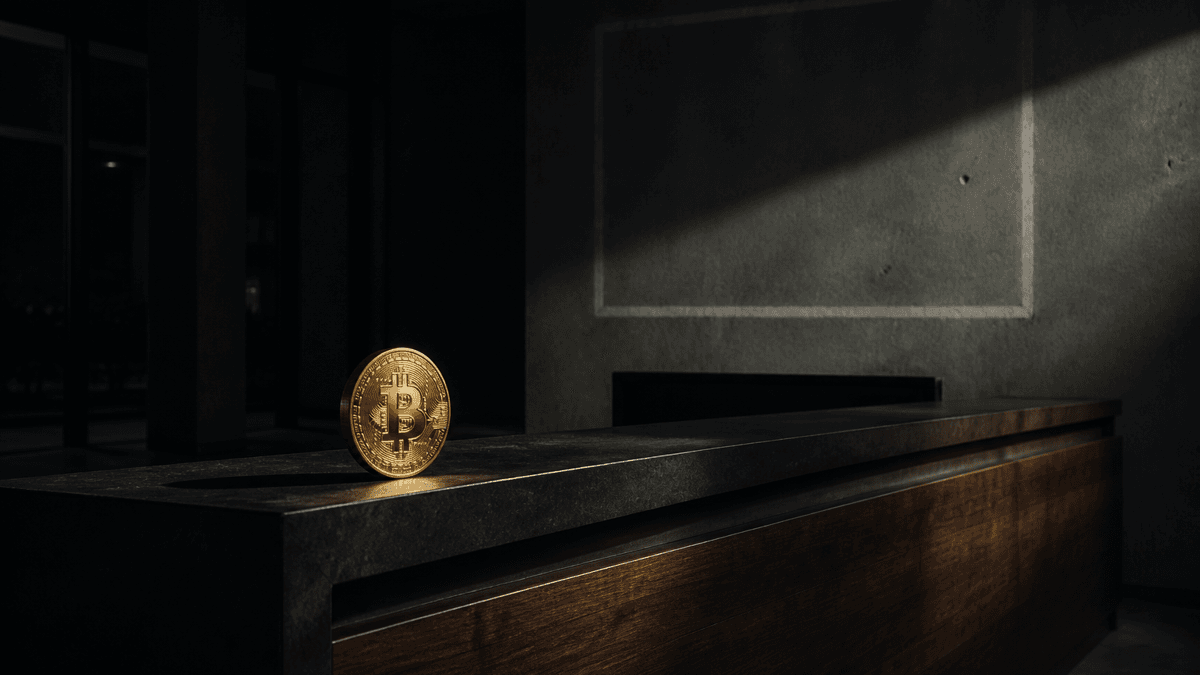 Abandoned corporate reception desk at night, on the wall behind it only the pale outline of a removed company sign, in front of it a gold coin with a Bitcoin symbol