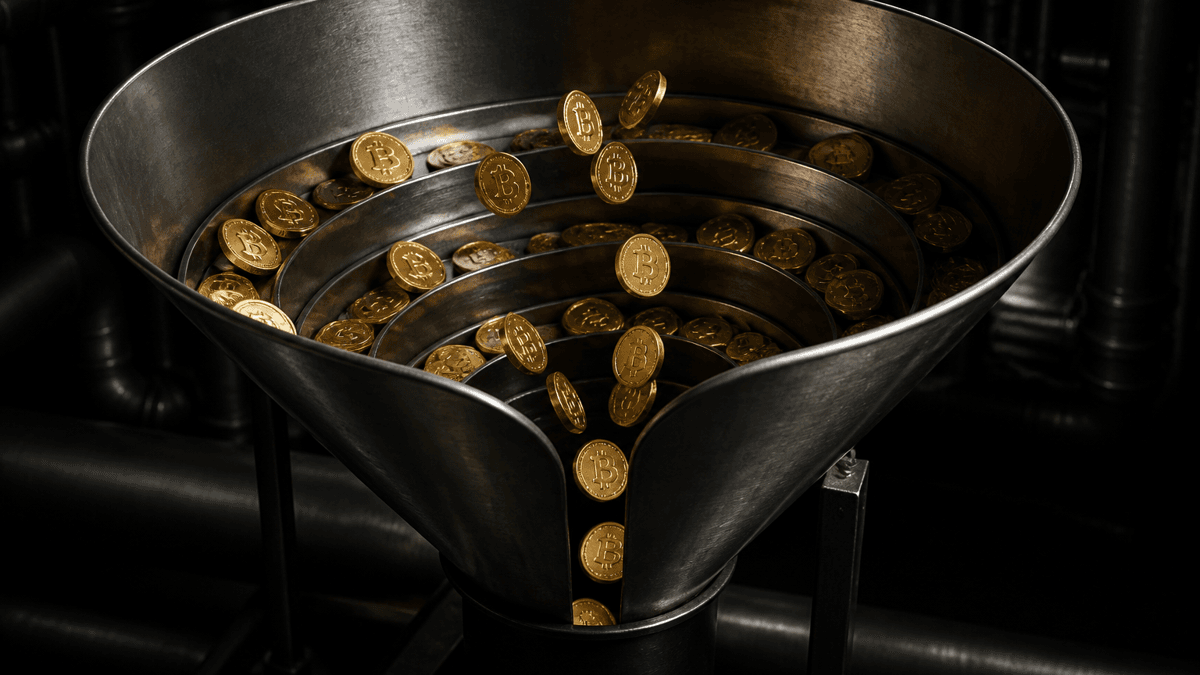 Steel coin sorting hopper in a dark machine room, gold coins with Bitcoin symbols rolling down into an open black pipe