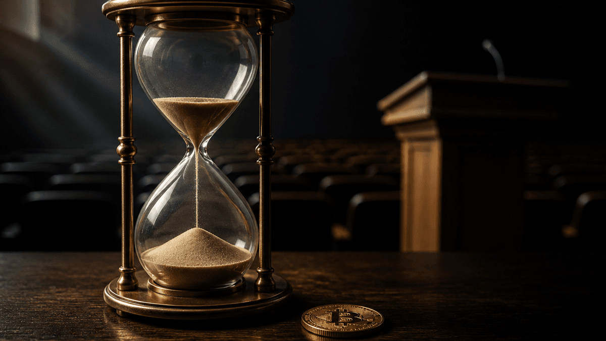 An hourglass almost run through beside a Bitcoin coin lying flat, in front of an empty lectern and empty rows of chairs