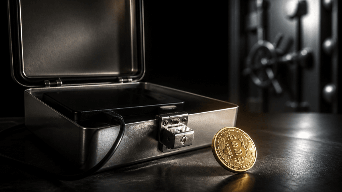 An opened steel cash box holding a dark electronic device, in front of it a rolling Bitcoin coin before a half-closed vault door