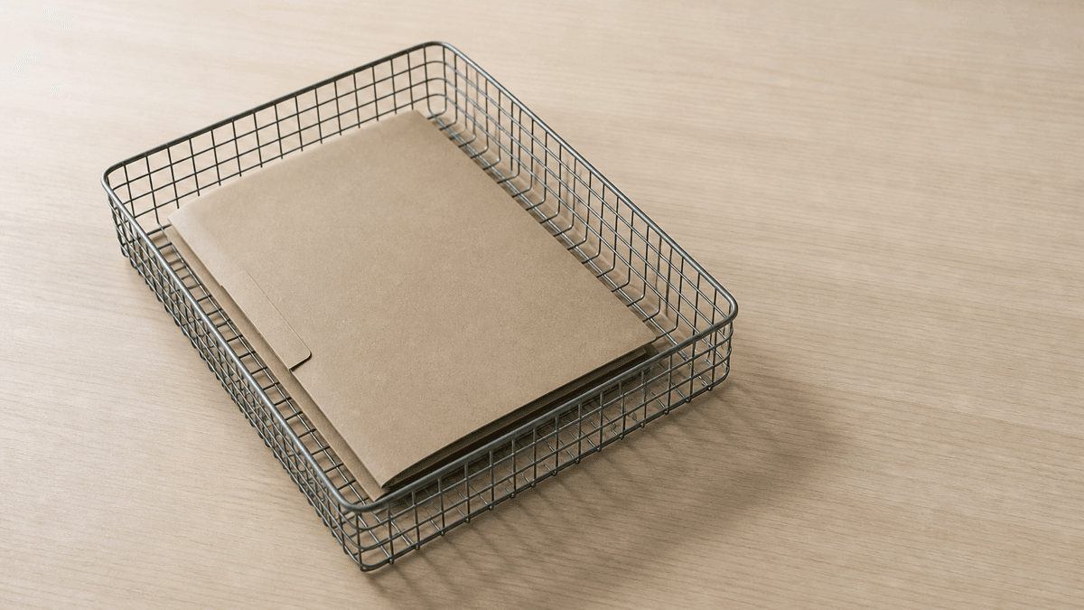 A wire mesh filing tray on an empty pale desktop, holding a single closed cardboard folder