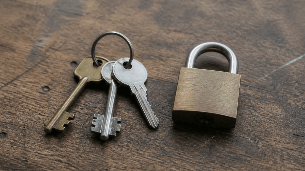 Three keys with different profiles on a ring on a worn wooden workbench, beside them a closed brass padlock