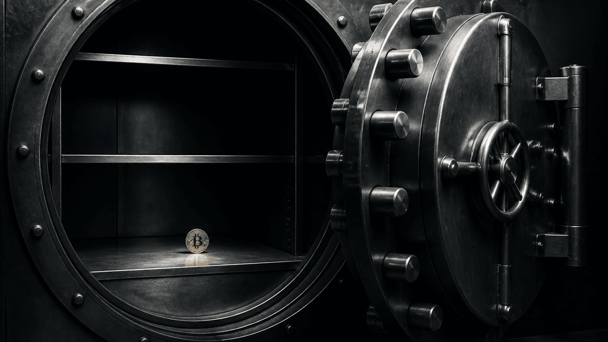 Massive vault room with a wide open round steel door and thick locking bolts, all compartments empty except for a single gold coin with an embossed Bitcoin symbol on the bottom shelf