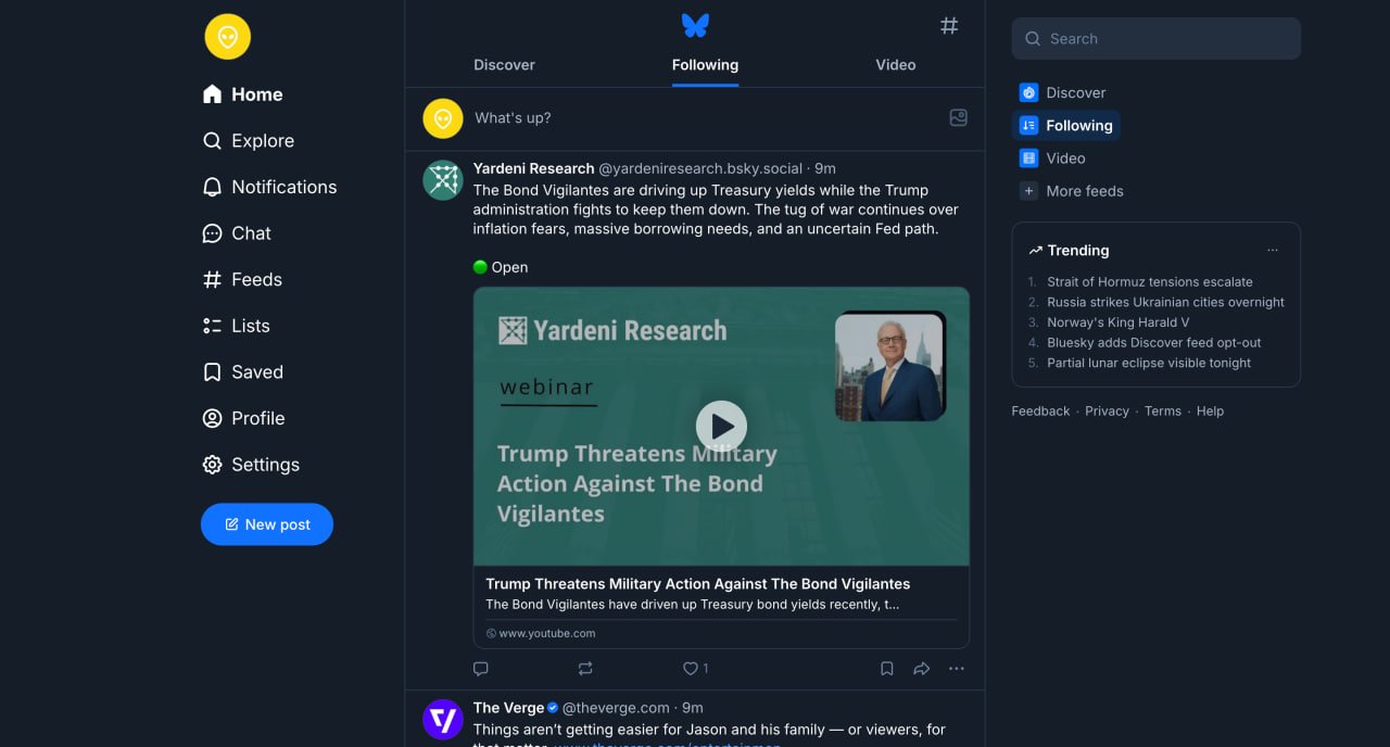 Bluesky web feed showing the Following timeline and trending topics panel
