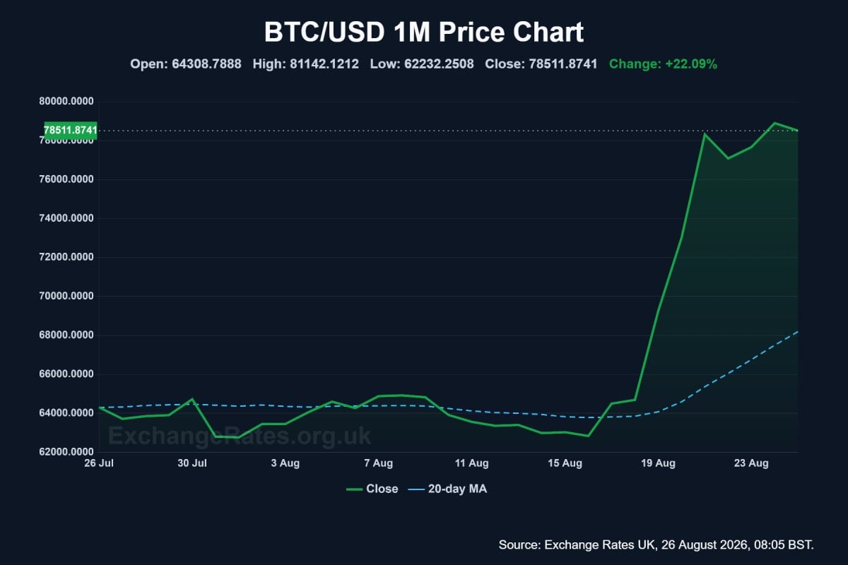 BTC/USD one-month historical performance chart