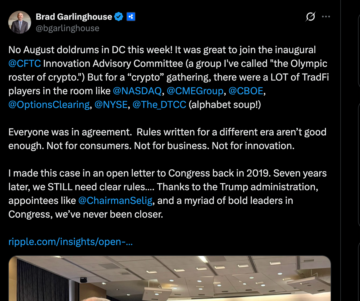 XRP News - Ripple CEO comments on the US crypto regulation | Source: X