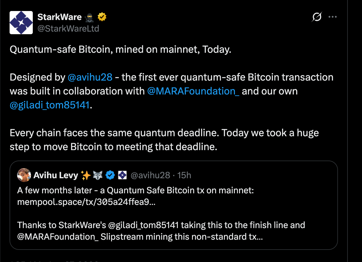 Bitcoin News: First Quantum-safe Bitcoin Transaction | Source: X