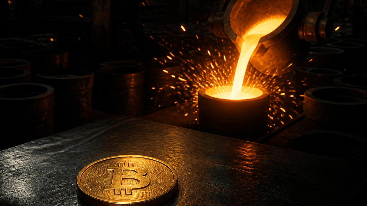 Molten gold running from a crucible into a single round mould, empty moulds all around in the dark, in the foreground a cooled gold coin with a Bitcoin symbol