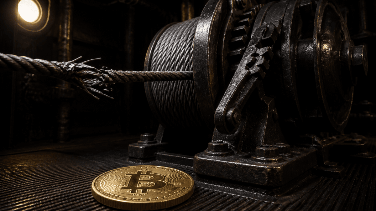 Cast-iron anchor winch with a taut steel cable and an engaged pawl in a dark machine room, in front of it a gold coin with a Bitcoin symbol