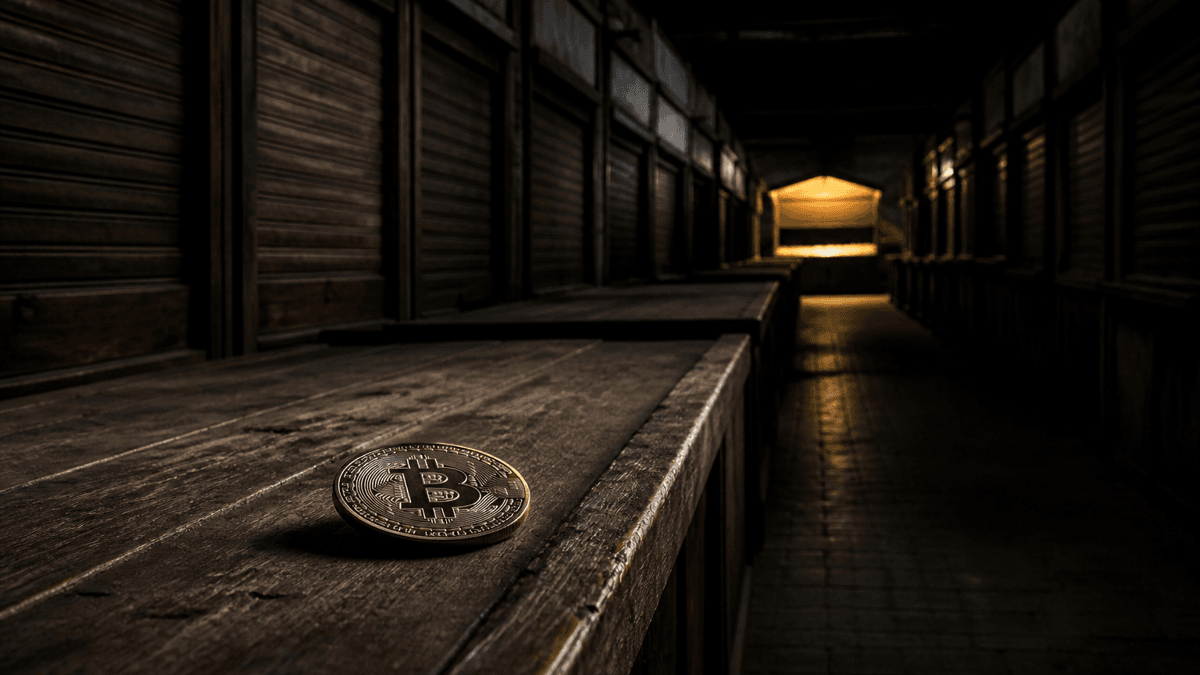 A long row of empty wooden trading booths in a dark market hall, every shutter closed except one lit at the far end, in the foreground a coin bearing the Bitcoin symbol on an empty counter