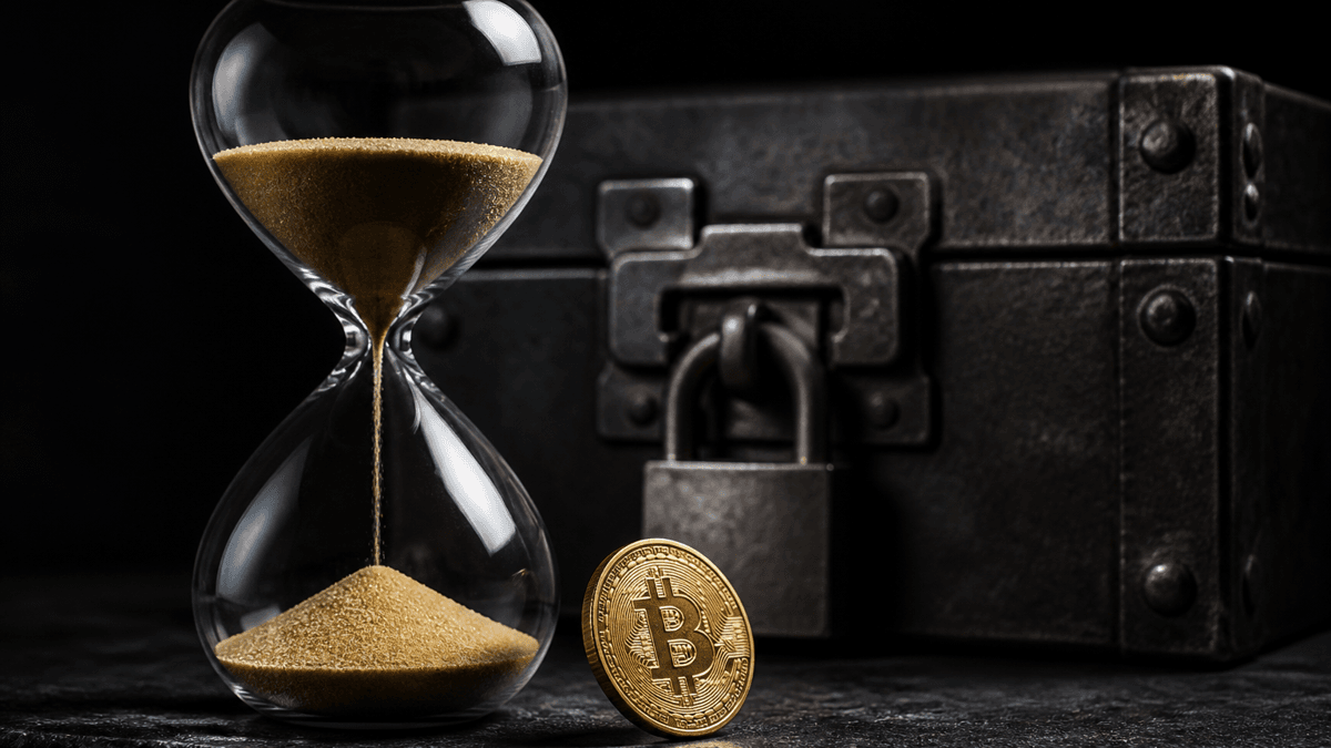 A glass hourglass with sand trickling through in front of a locked metal casket with a padlock, and in front of it a coin bearing the Bitcoin symbol standing upright