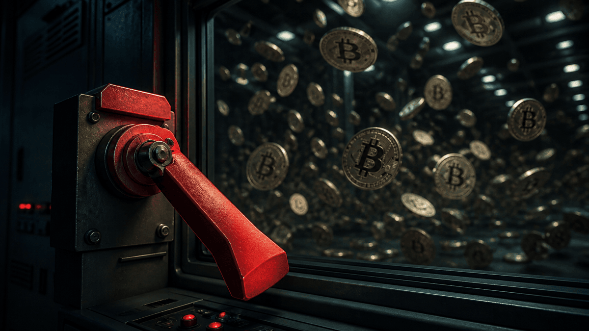 A red emergency stop lever pulled down in a dark control room, with dozens of coins bearing Bitcoin symbols hanging motionless in the air behind glass