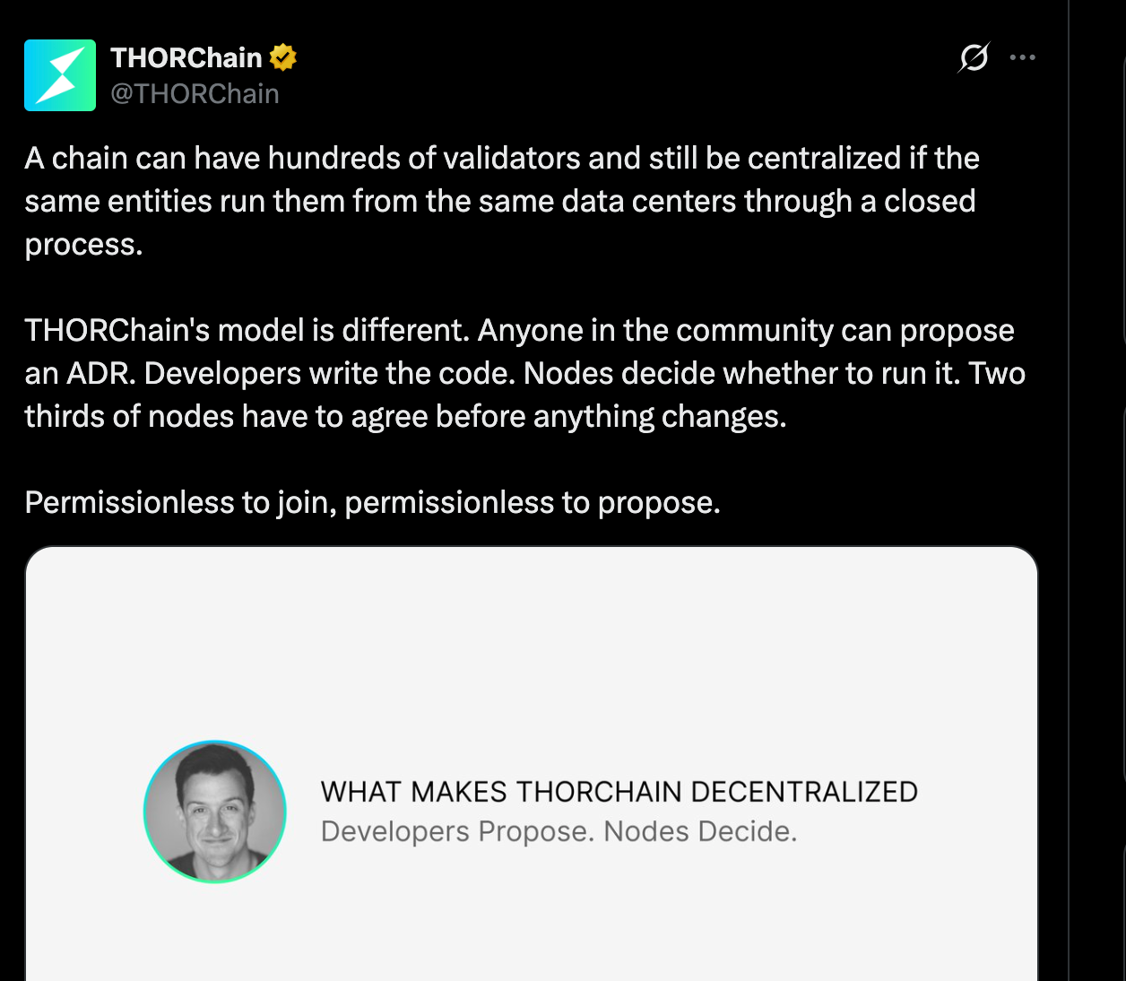 THORChain says validator counts cannot prove decentralization | Source: X