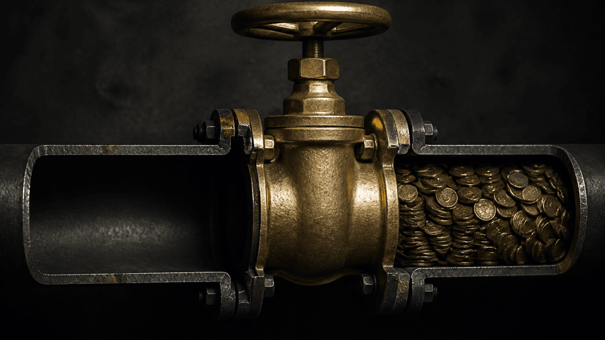 Closed brass valve on a cut-away industrial pipe, metal coins backed up behind it while the pipe in front stays empty