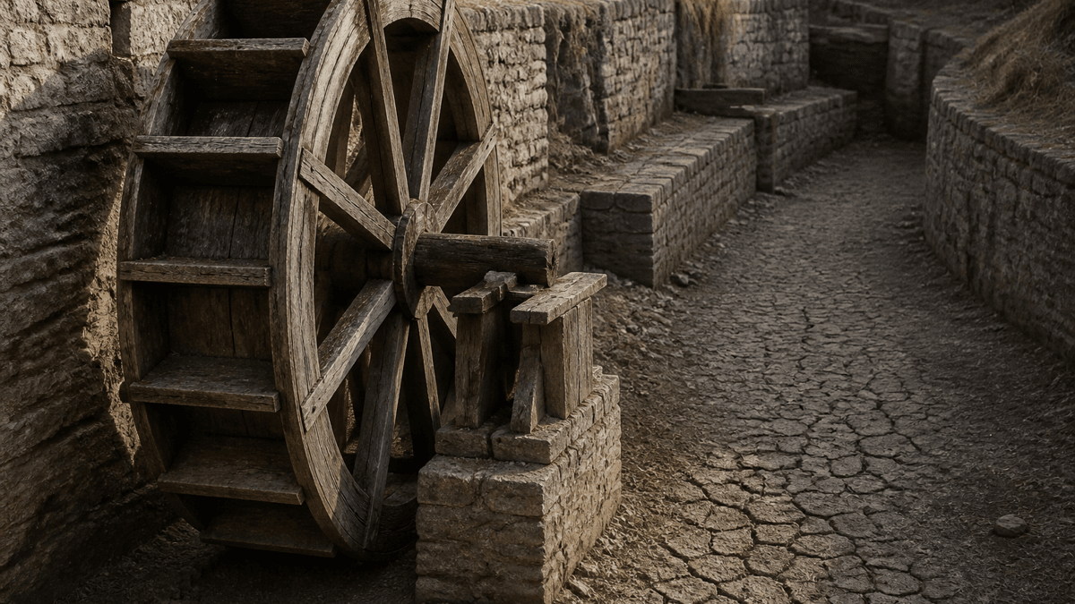 A wooden water wheel at a standstill with weathered paddles in a completely dry, cracked stone channel.