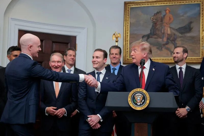 U.S. President Trump delivers remarks with cryptocurrency executives, at the White House in Washington
