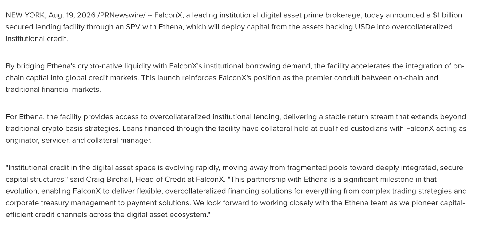 Crypto News: Ethena and FalconX Launch $1B Facility | Source: PRNewswire
