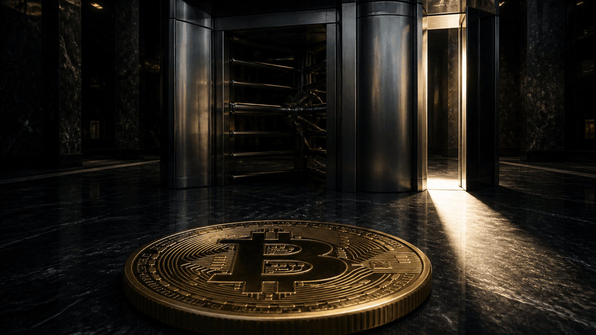 A blocked steel turnstile gate in a dark marble foyer, with a narrow side passage standing open beside it and a gold coin bearing the bitcoin symbol in the foreground