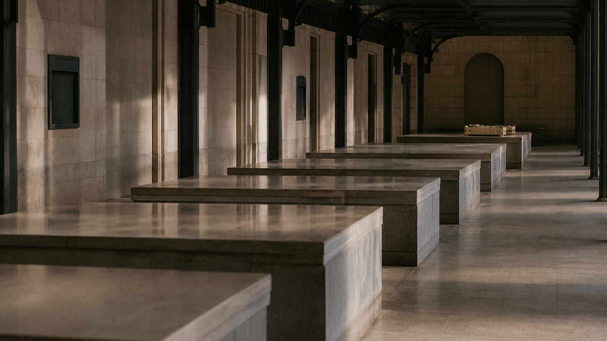 Empty market hall aisle with long stone counters, a single wooden crate standing at the far end