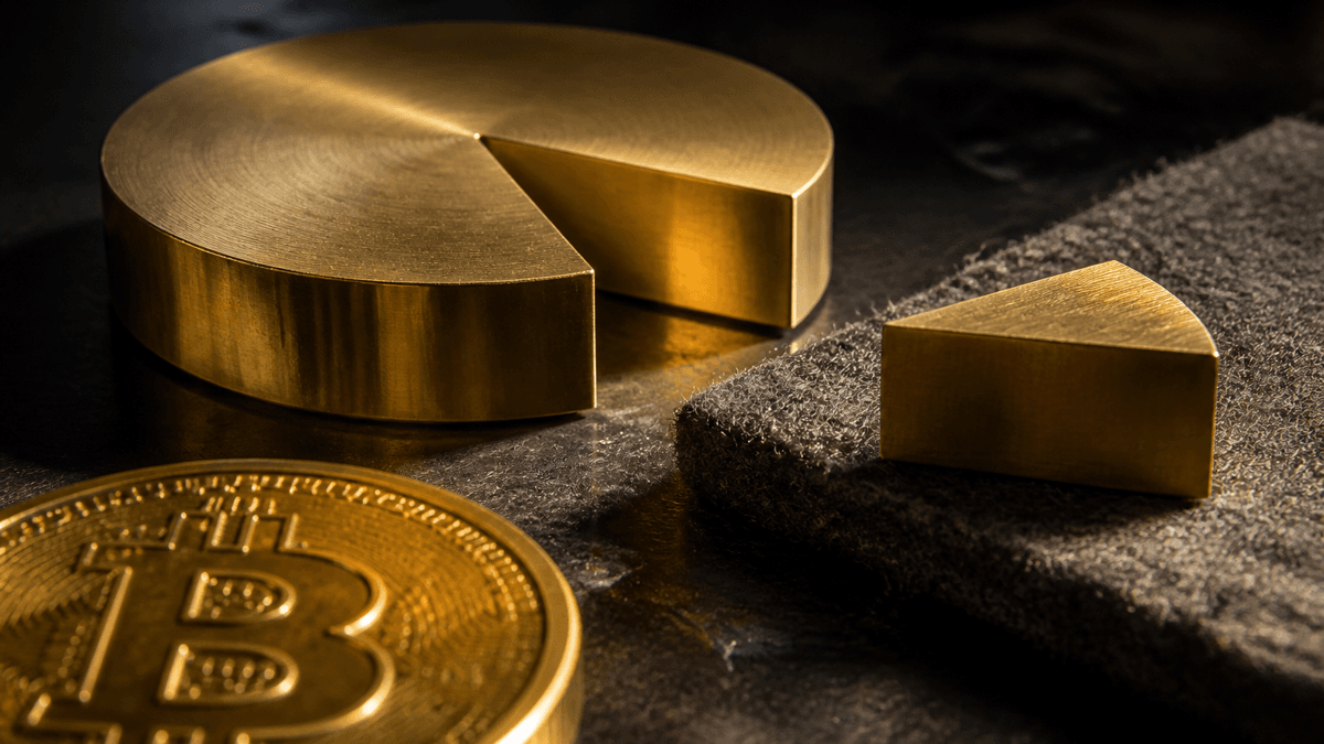 Thick polished brass disc on a steel workbench from which a precisely milled wedge has been cut out and lies separately on grey felt; a gold coin with a Bitcoin symbol cropped in the foreground