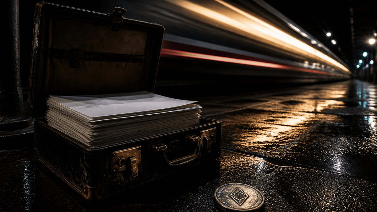 An open leather case full of paper sheets on a wet railway platform, a departing train in the background, a silver coin in the foreground