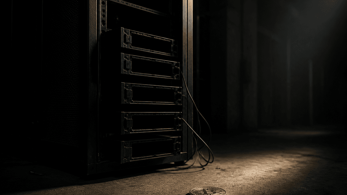 A server rack with empty, pulled-out trays in a dark machine room, a single indicator light glowing, a gold coin in front of it