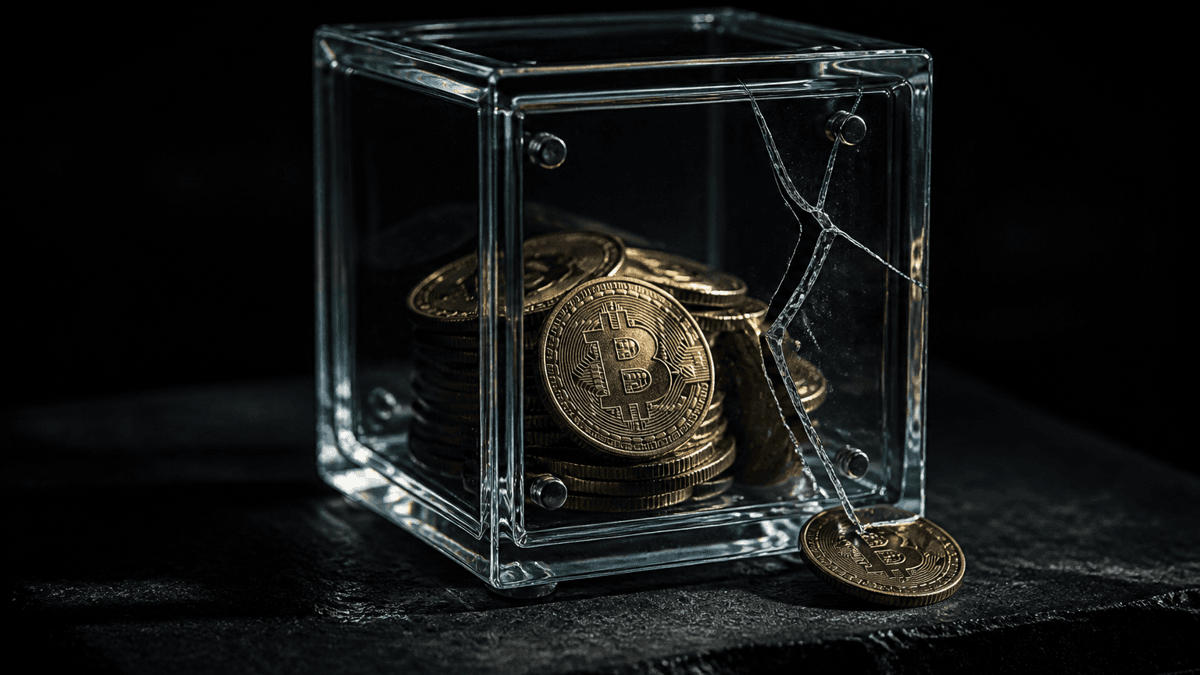 A glass cube serving as a small safe with a stack of coins inside, one side wall cracked, a coin tipping outwards through the gap