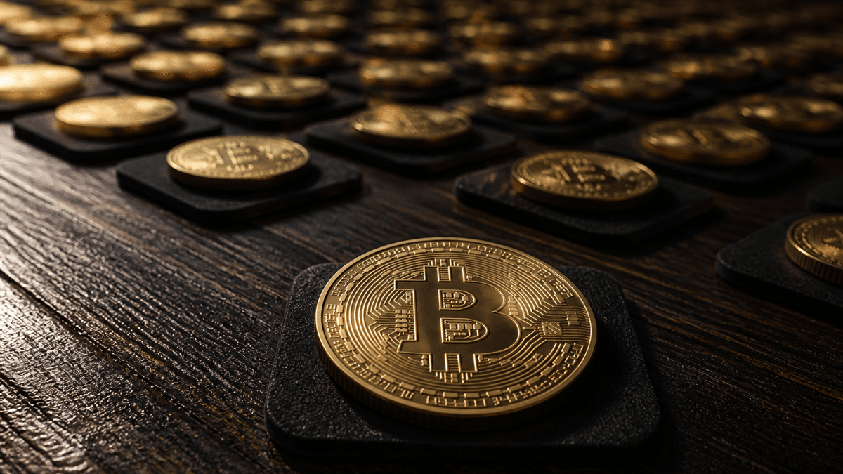 Dozens of identical-looking gold coins bearing the same bitcoin symbol on black felt pads, fanned out into the depth of the picture, one of them sharp in the foreground
