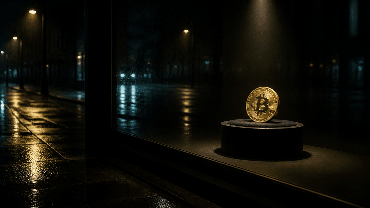 Night shot through a seamless armoured glass front with no door and no handle onto an illuminated gold coin bearing a bitcoin symbol on a velvet plinth
