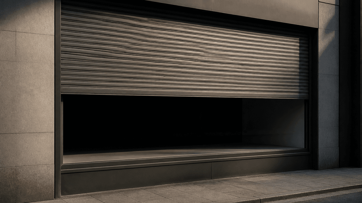 A half-lowered metal roller shutter in front of an empty shop window