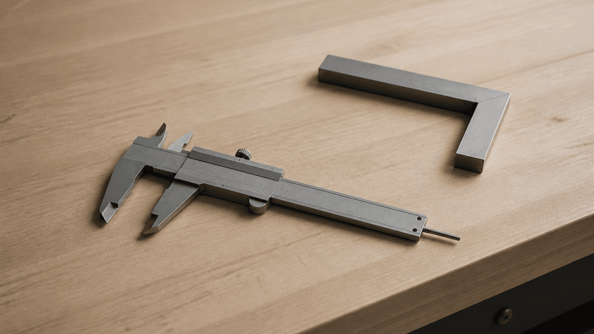 A slightly opened steel caliper on a light wooden workbench next to a metal square