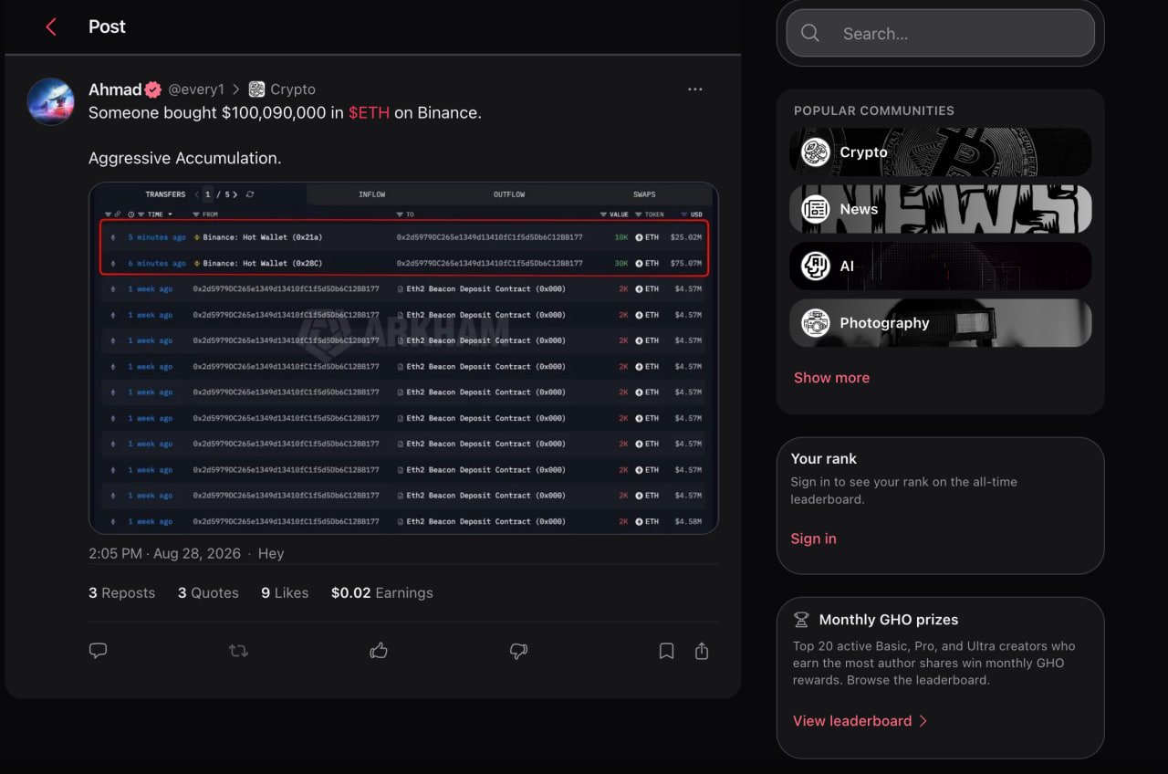 Hey client on Lens showing post earnings alongside reposts, quotes and likes