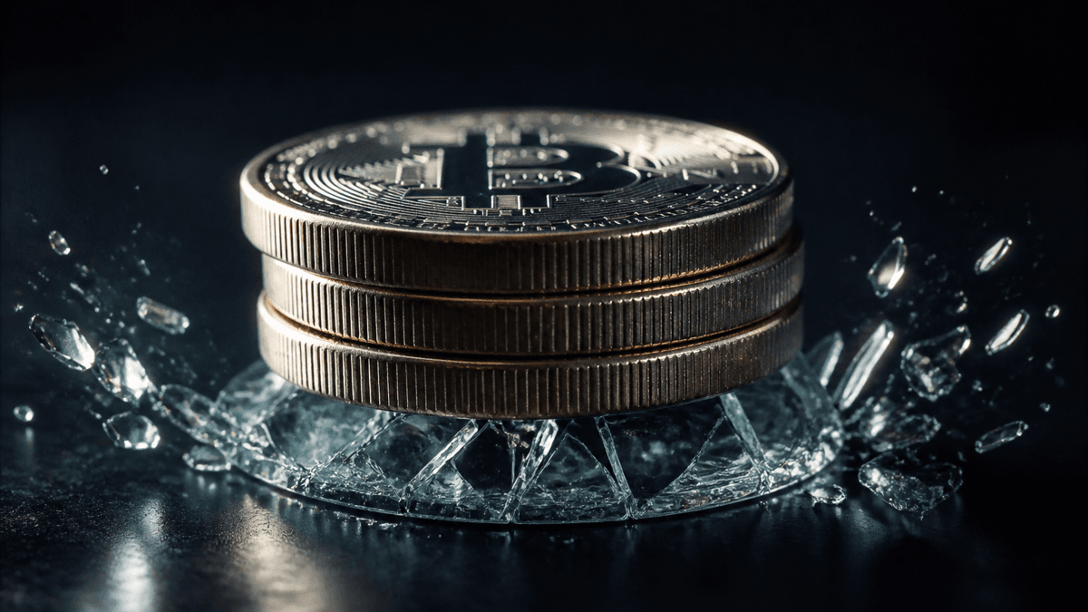 Macro shot of a wafer-thin glass coin shattering under the weight of three solid metal coins bearing the Bitcoin symbol