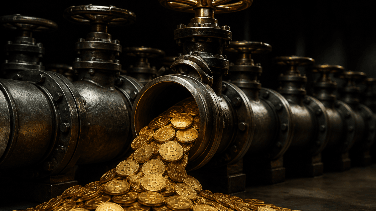 An industrial pipe system with a row of tightly closed stopcocks and a single open tap from which coins bearing the Bitcoin symbol are pouring