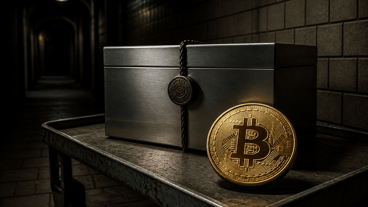 Sealed smooth metal cash box with an intact lead seal on a trolley in a dark basement corridor, with a gold coin bearing the Bitcoin symbol in front of it