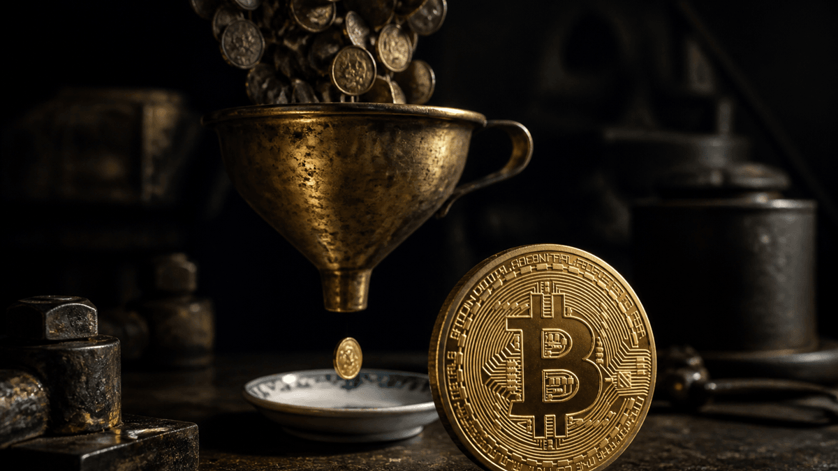Brass funnel on a workbench, a rush of dull coins pouring in at the top and a single bright coin falling into a bowl below, with a gold coin bearing the Bitcoin symbol in front of it