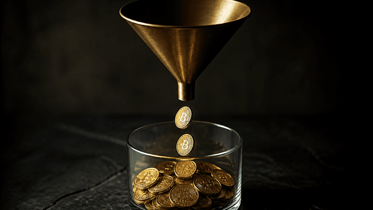 Heavy brass funnel above a glass vessel, with only three coins still falling out of it while the funnel is almost empty at the top