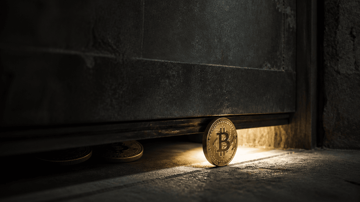 A gold coin rolls through the last gap of a closing steel shutter, two further coins are left behind in the shadow