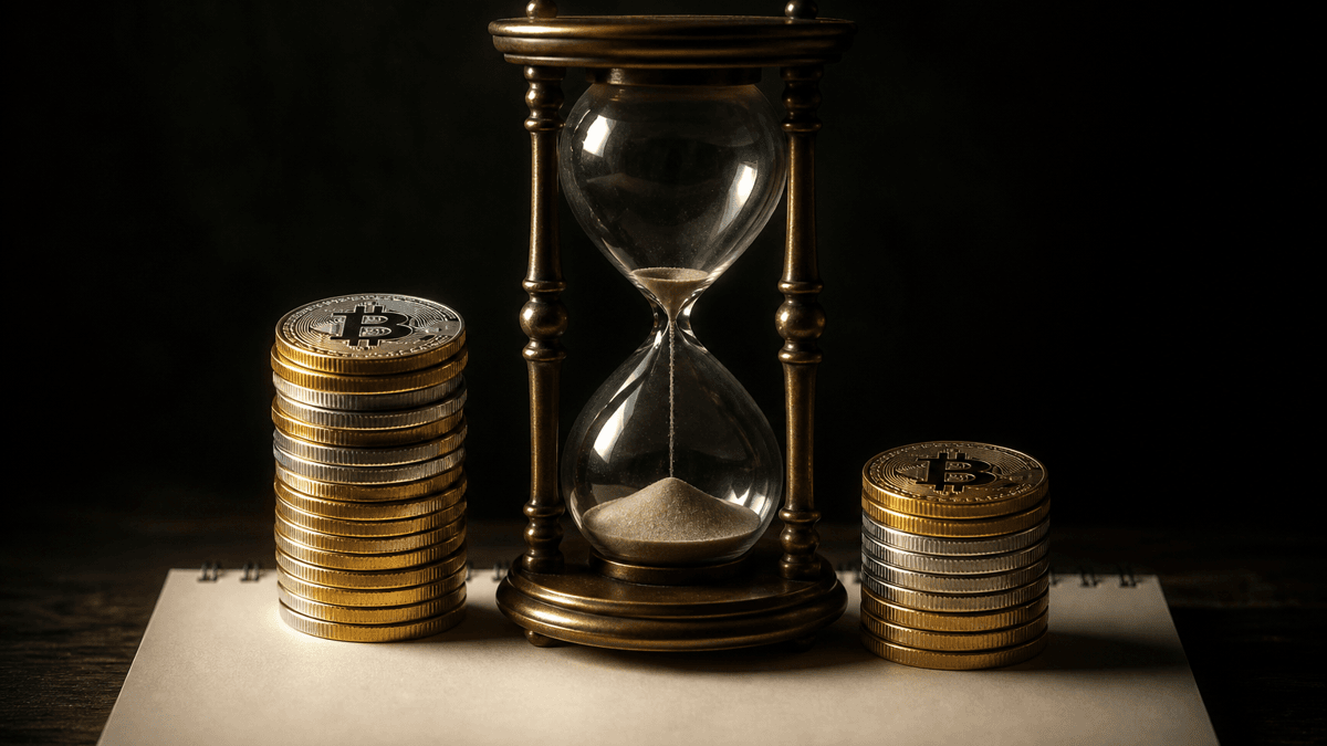 Brass hourglass with an almost empty upper chamber on a blank calendar page, flanked by two stacks of physical coins of differing heights