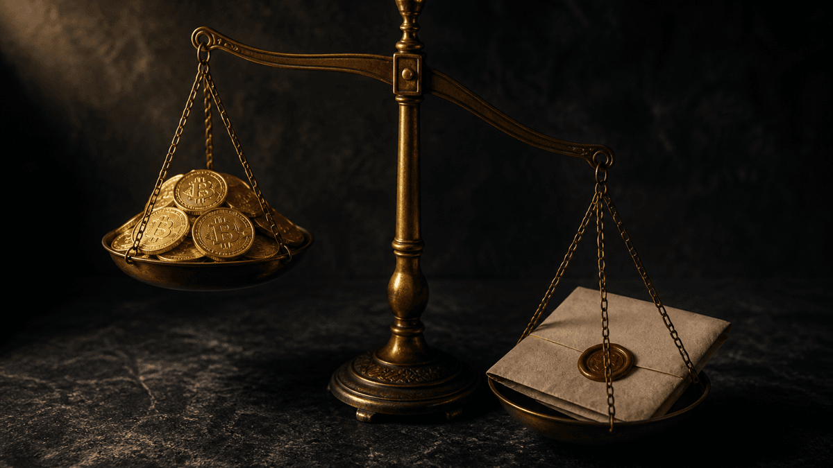 Brass balance scale with a heap of physical gold coins in the left pan and a sealed document in the lower-hanging right pan