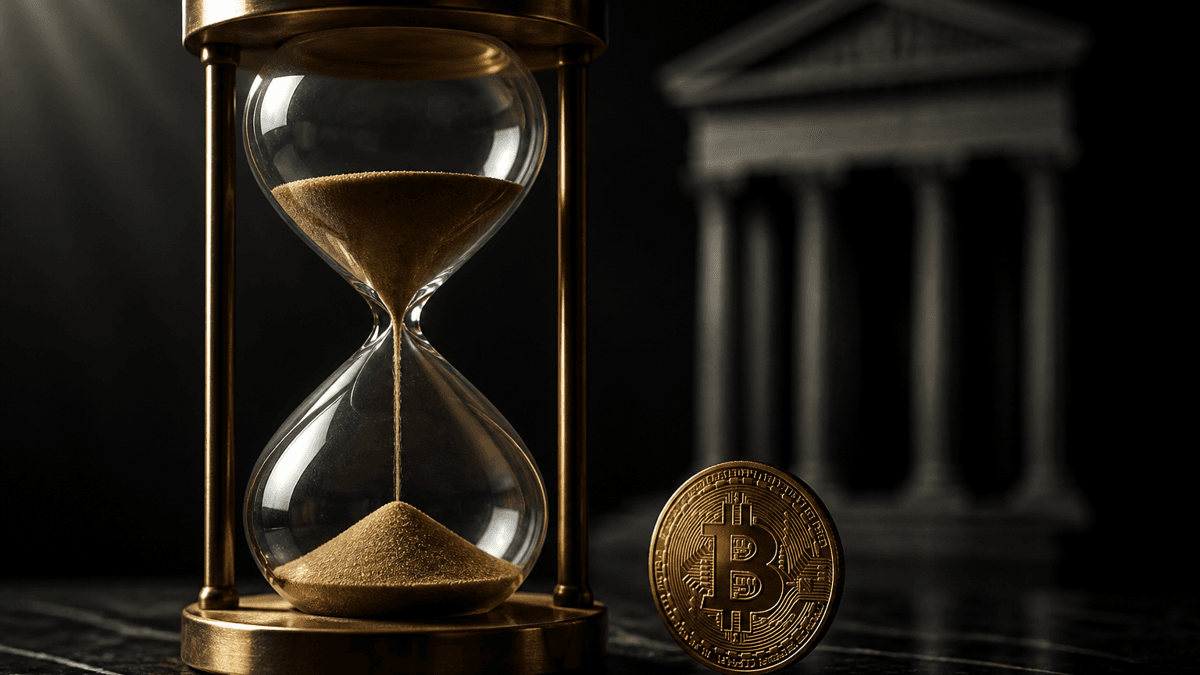 Brass and glass hourglass with the sand almost run through, beside it a coin bearing the Bitcoin symbol standing on edge in front of a columned portal